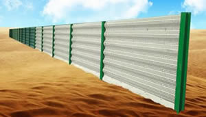Steel sand barrier made form galvanized and green polyethylene coating windbreak panels on the desert